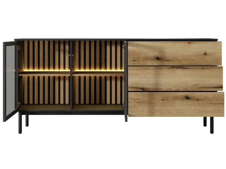 Komoda z drzwiami i szufladami 180 cm Loara Czarna, Dąb Evoke