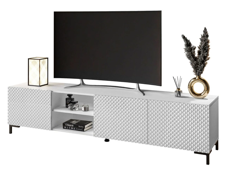 Szafka RTV z czarnymi prostymi nóżkami i frezowanymi frontami 3D Celiane biały połysk