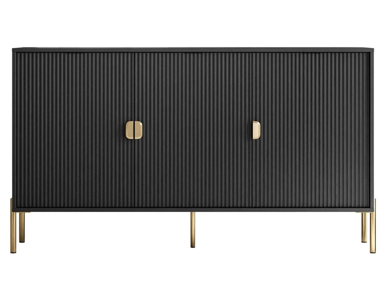 Komoda trzydrzwiowa szeroka, ze złotymi uchwytami i nogami Orlean czarny mat