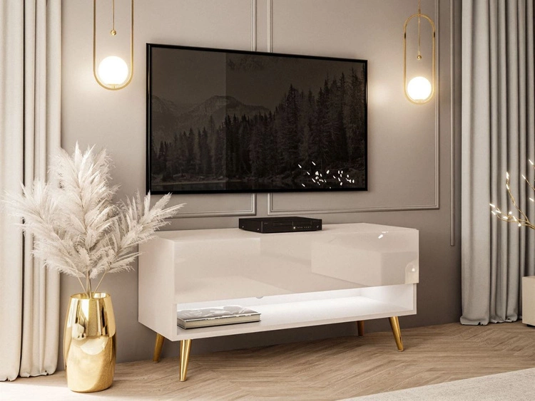 Szafka RTV 90 cm do salonu z oświetleniem LED i złotymi nóżkami Aurelie Kaszmir połysk