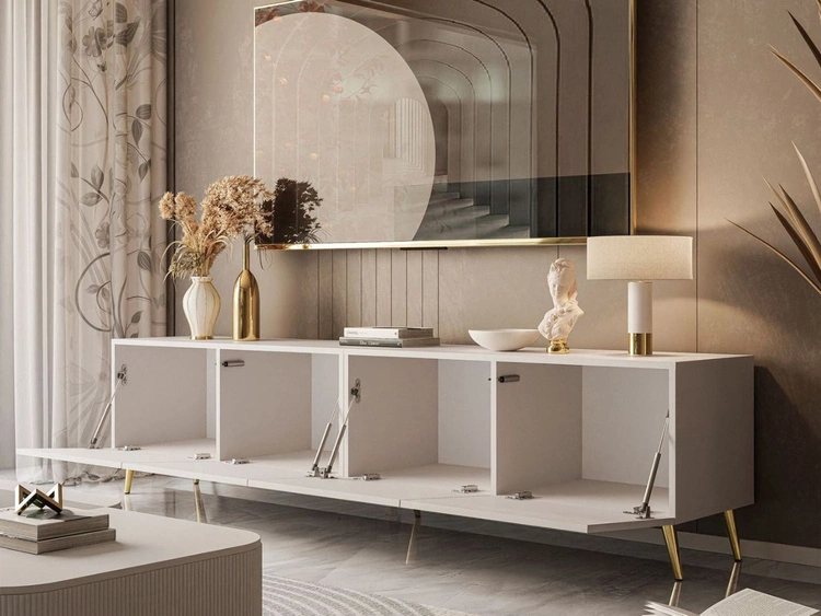 Szafka RTV pod telewizor z drzwiczkami na złotych nóżkach 200 cm Nodoo Kaszmir