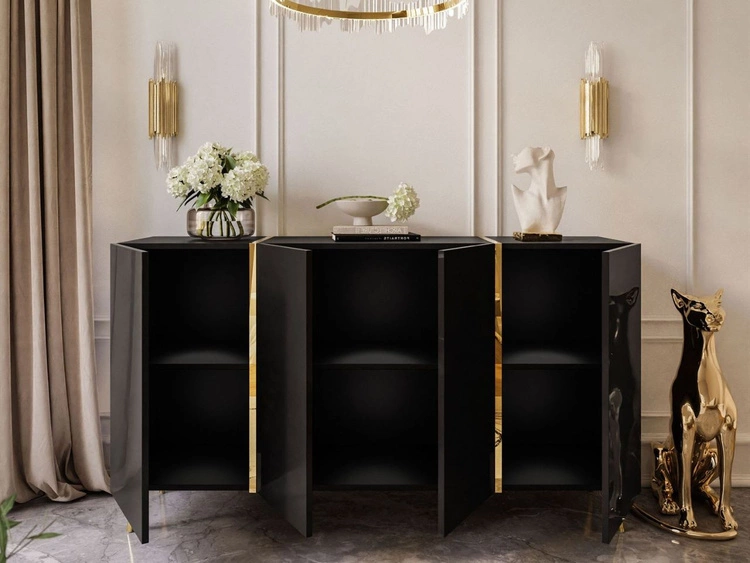Czterodrzwiowa komoda 158 cm w stylu glamour na złotych nogach Lunelie czarny połysk