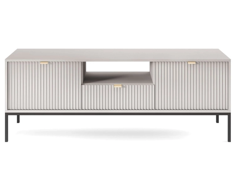 Szafka pod telewizor z szufladami i drzwiczkami Amber szara na czarnych nogach