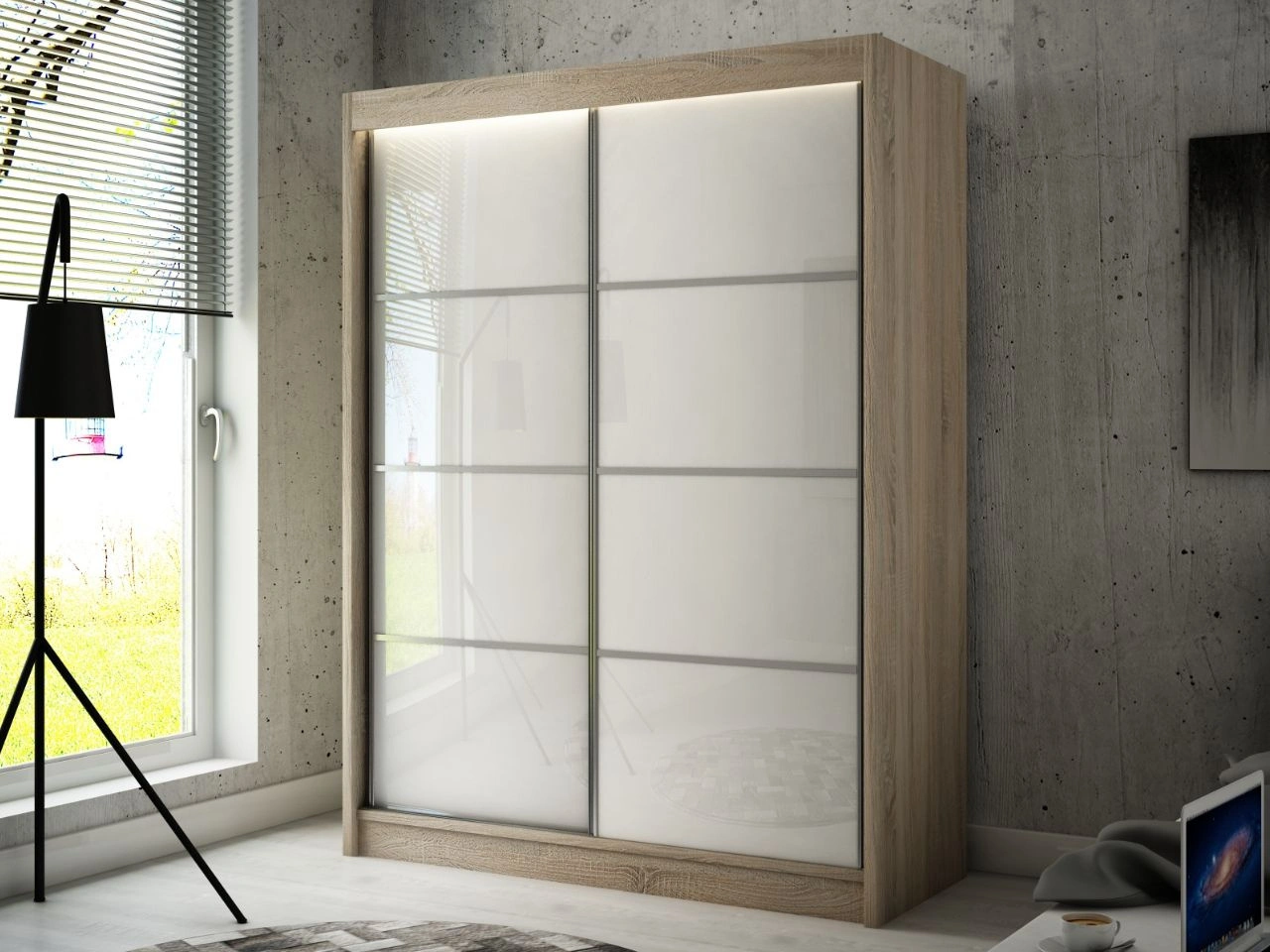 Szafa przesuwna ze szprosami 150 cm z oświetleniem LED Ponti Dąb Sonoma, Biała