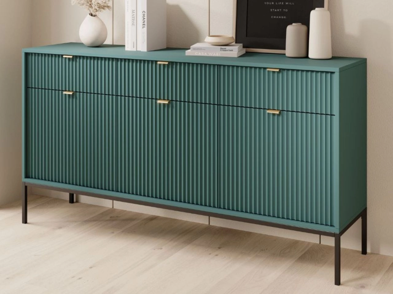 Komoda z drzwiami i szufladami Amber zielona na czarnych nogach