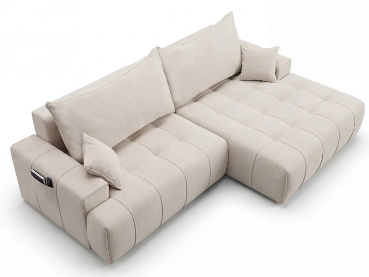 Narożnik L z funkcją spania i pojemnikiem Tulio prawy beżowy