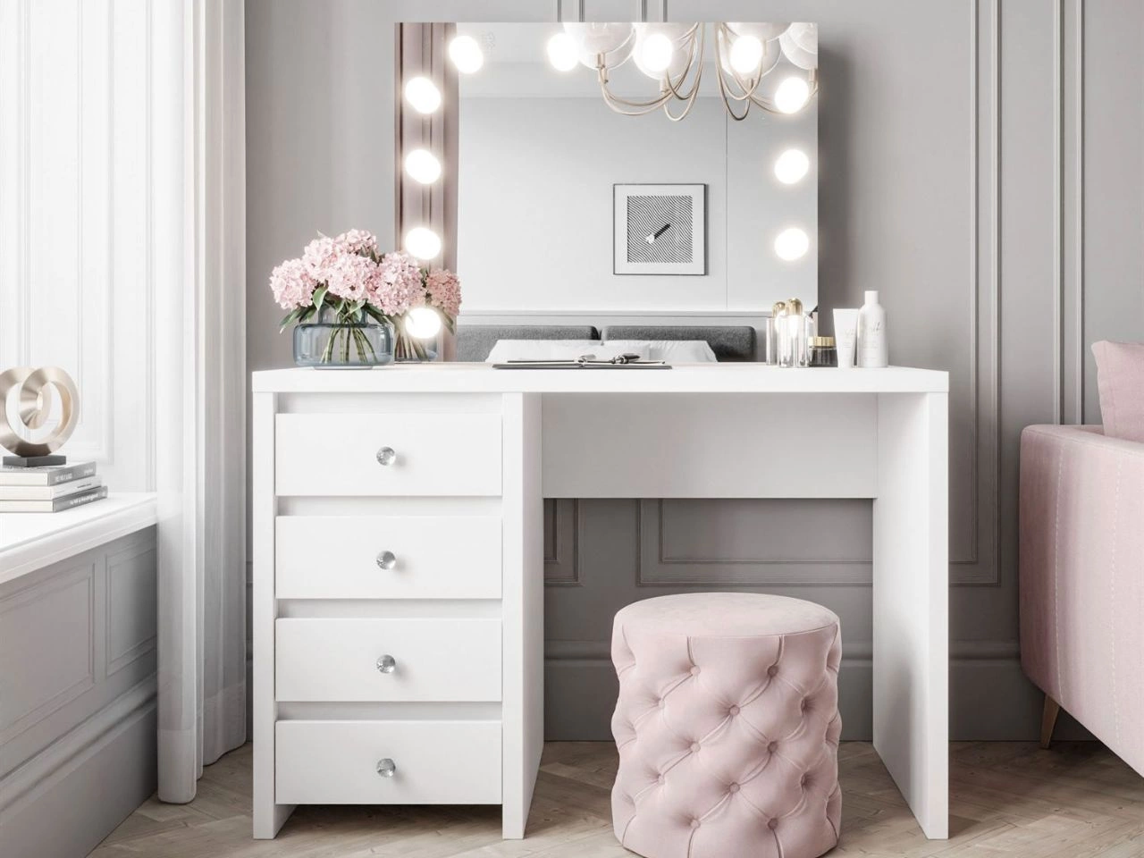 Toaletka z szufladami z kryształowymi uchwytami i oświetleniem LED Nesso biały mat