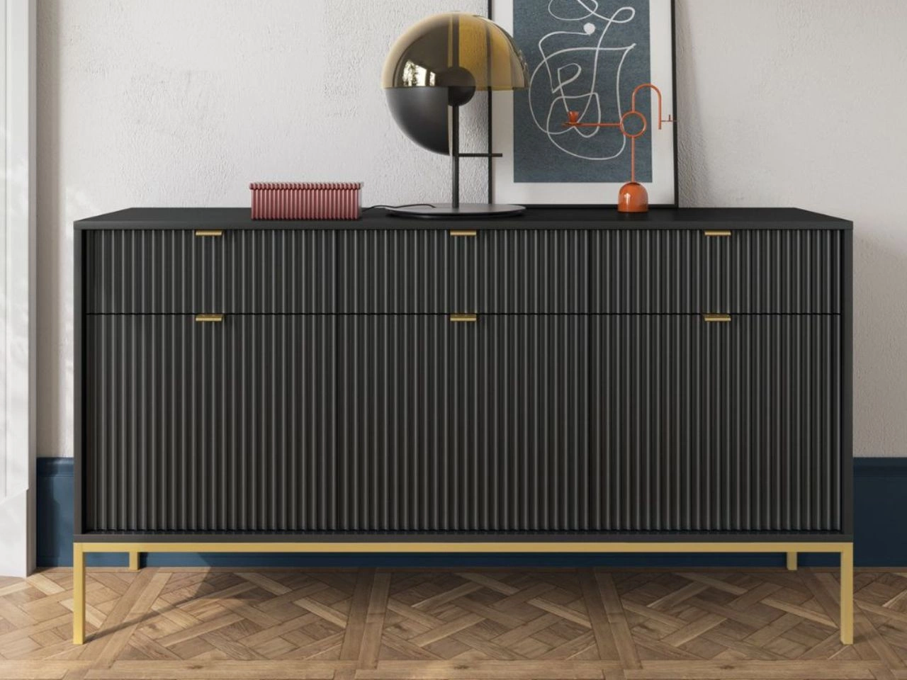 Komoda z drzwiami i szufladami Amber czarna na złotych nogach