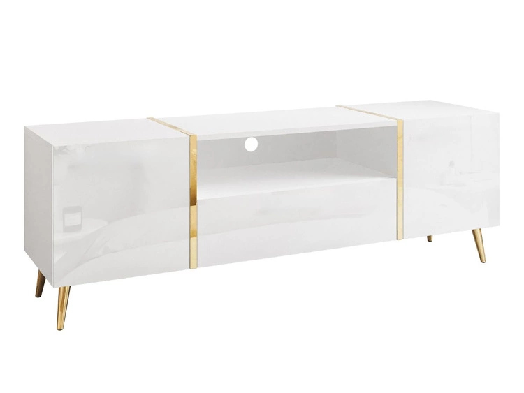 Szafka RTV w stylu glamour z szafkami i szufladą Lunelie biały połysk