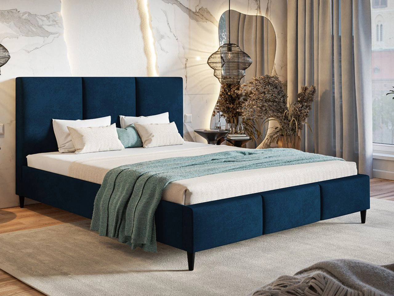 Łóżko tapicerowane ze stelażem 120x200 Trio Niebieskie
