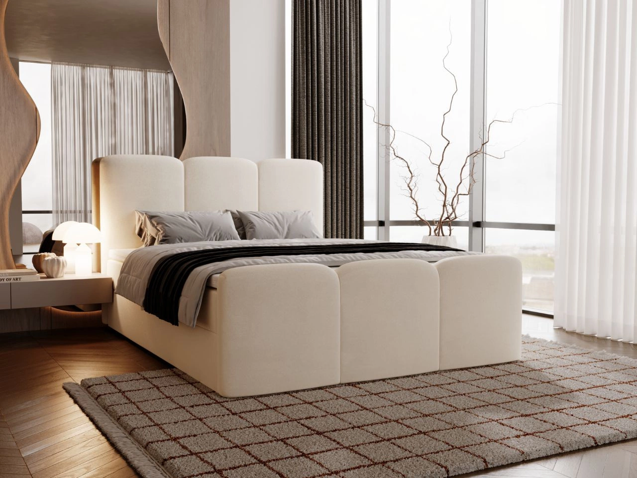 Łóżko kontynentalne z pojemnikiem na pościel 180x200 Campi Kremowe