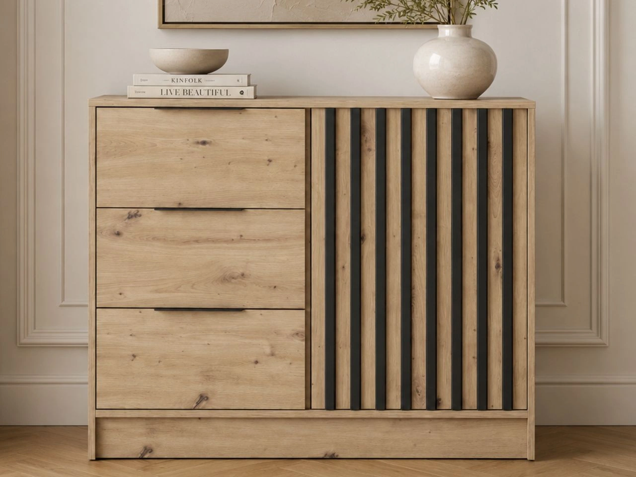 Komoda z drzwiami i szufladami 105 cm Macron Dąb Artisan z lamelami