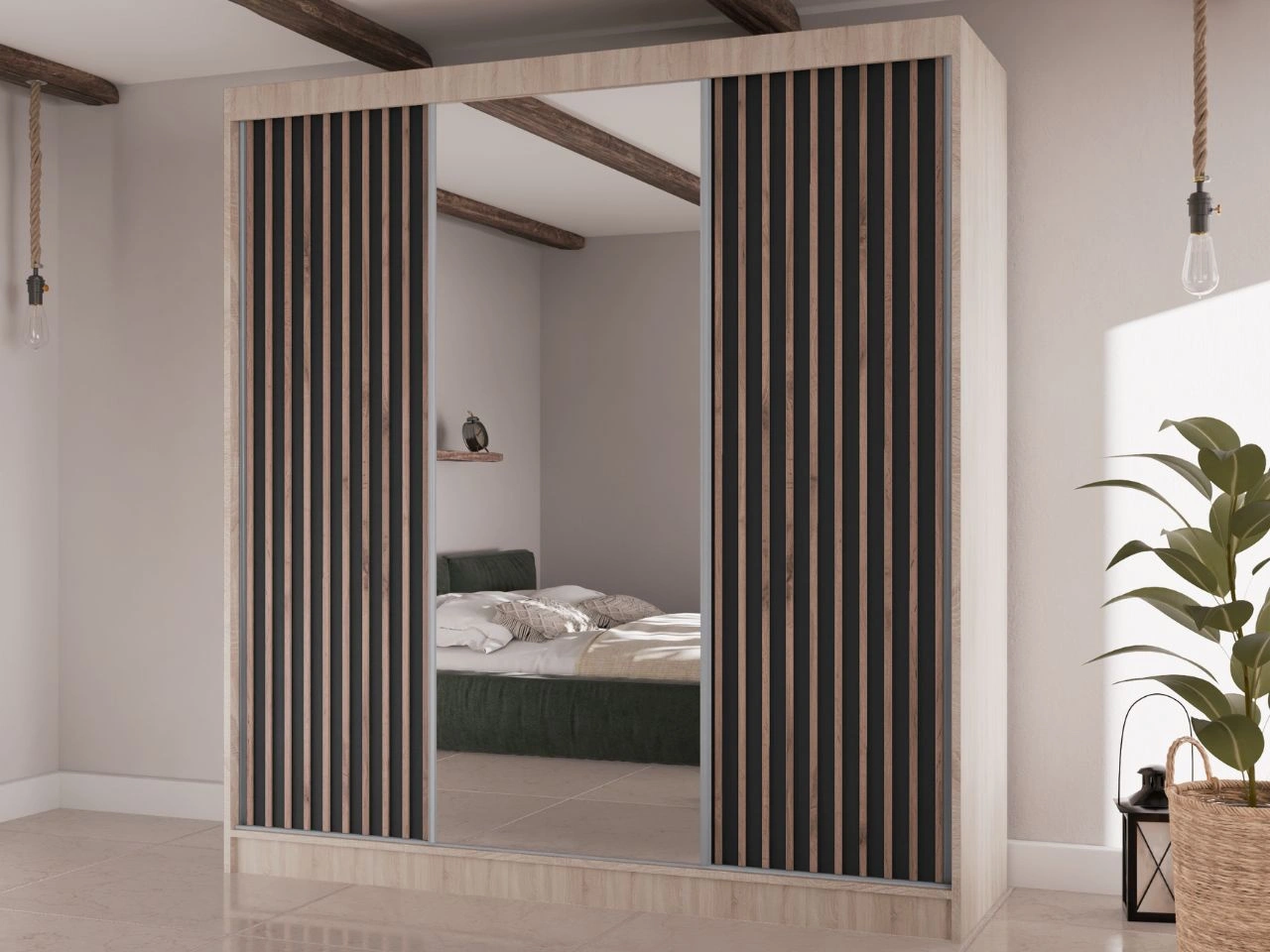 Szafa przesuwna z lamelami i lustrem 200 cm Lucena Dąb Sonoma, Czarna