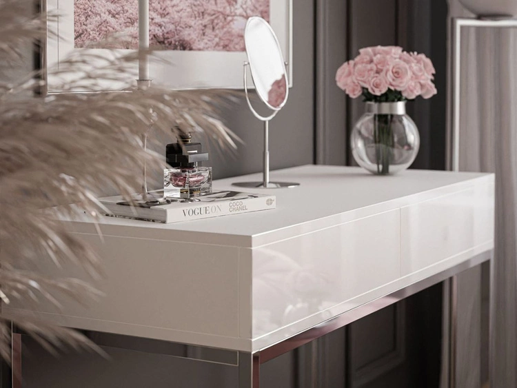 Konsola z szufladami i srebrnym stelażem w stylu glamour Brisa biały połysk