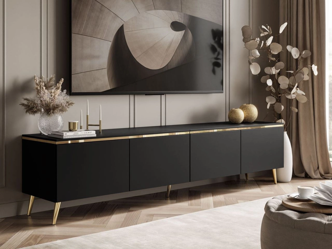 Szafka RTV czterodrzwiowa w stylu glamour z oświetleniem LED Celle czarny mat