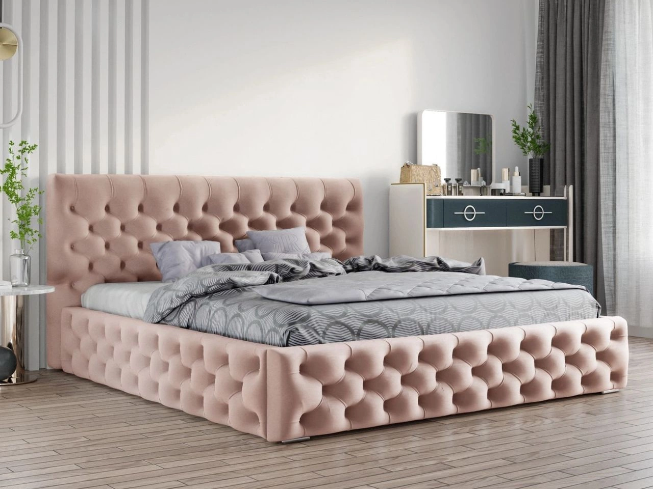 Łóżko tapicerowane z pojemnikiem i stelażem 180x200 Velutto Różowe