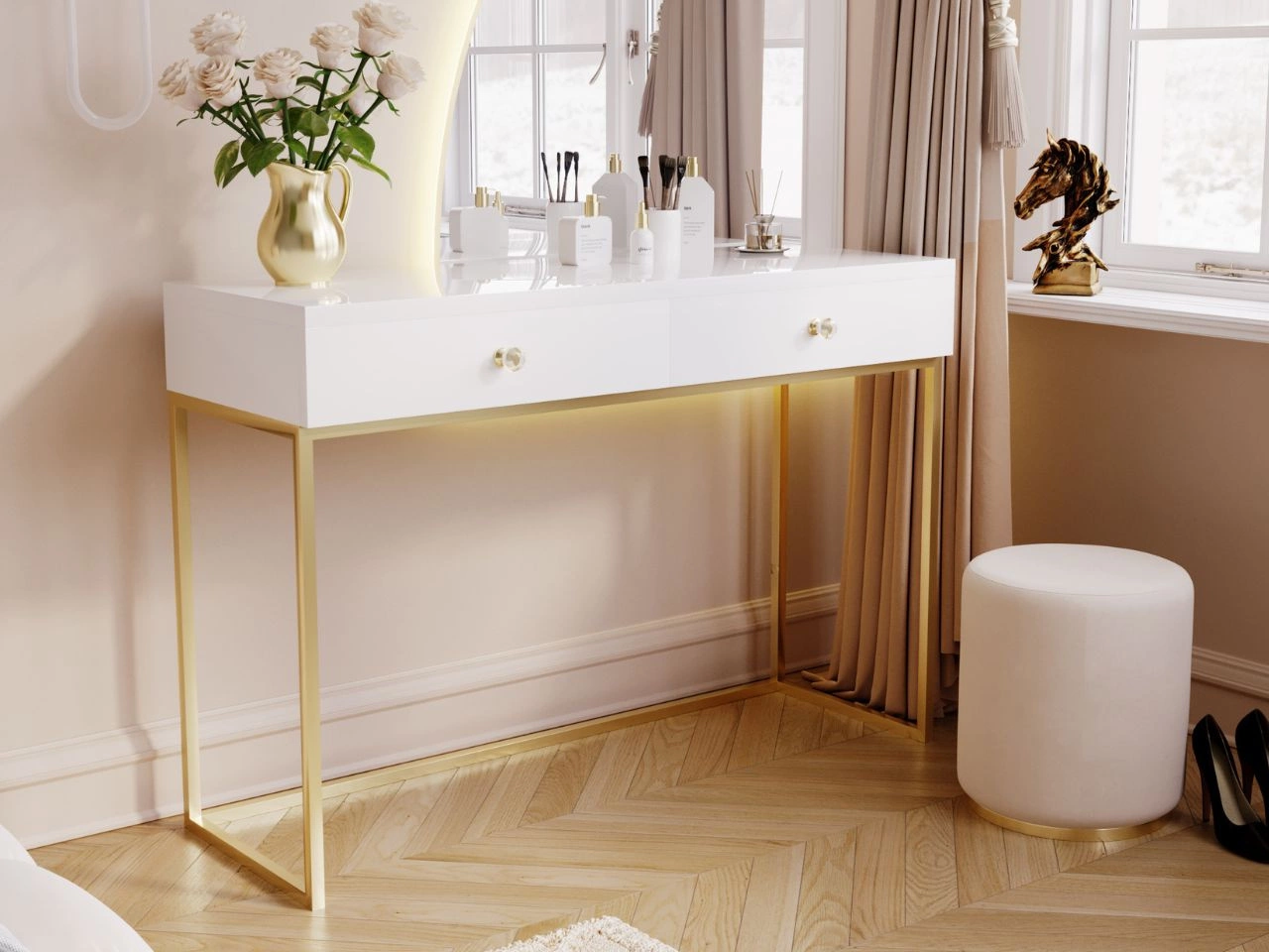 Toaletka z szufladami Belleza Biały połysk Złoty stelaż