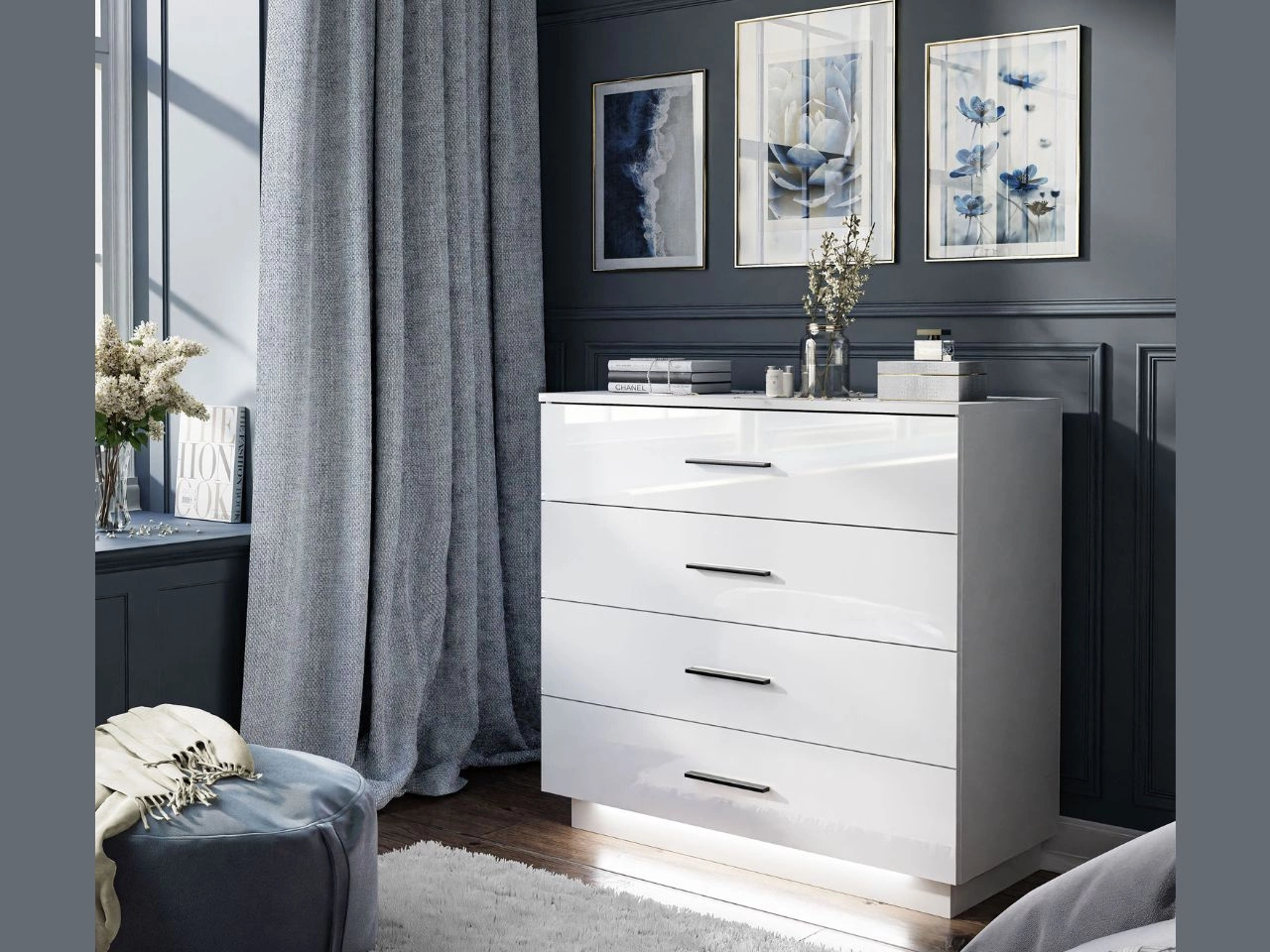 Komoda z czterema szufladami i oświetleniem LED Nuveo Biały połysk