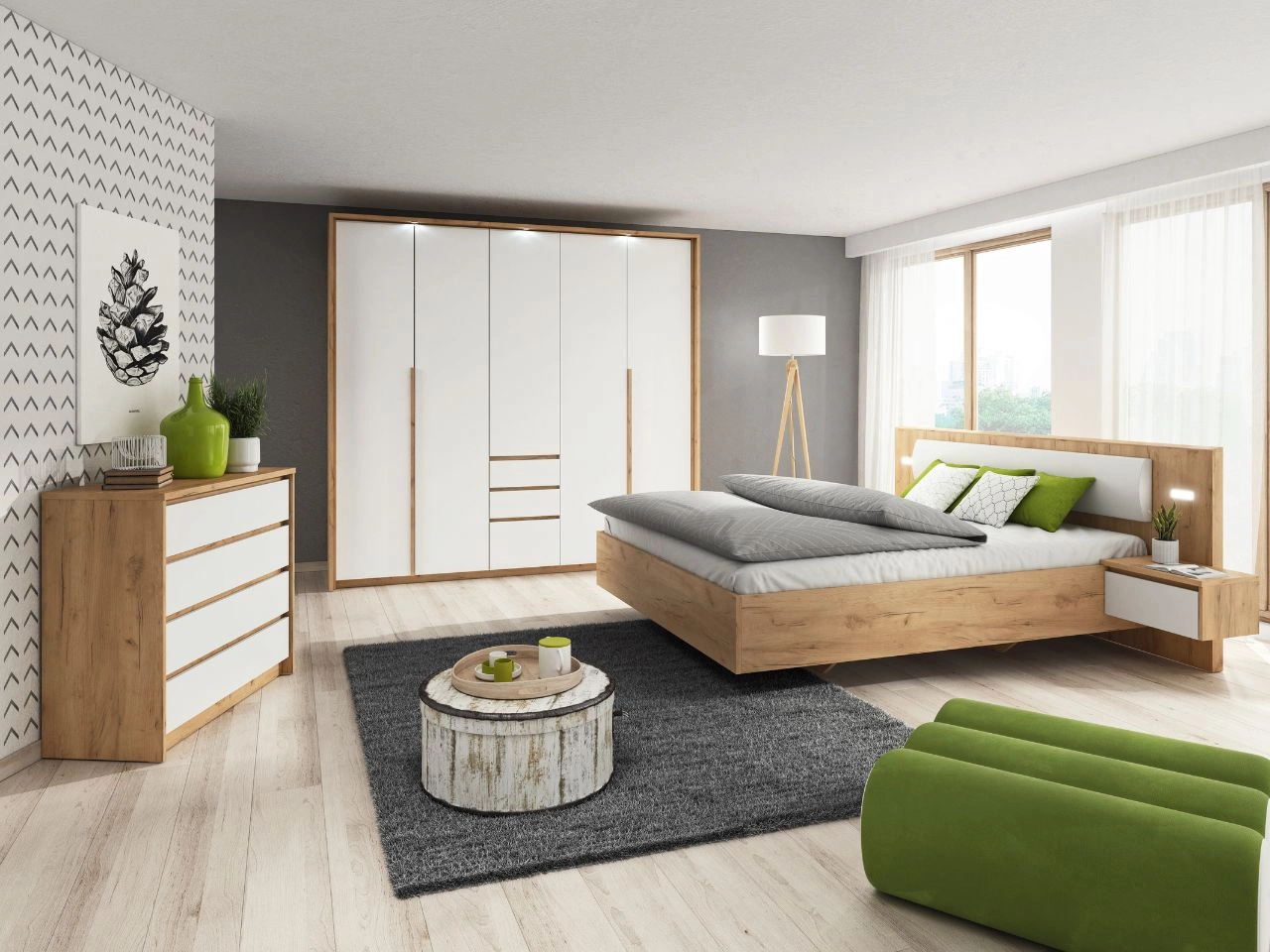 Zestaw mebli do sypialni Baffi Dąb Craft Złoty, Biały