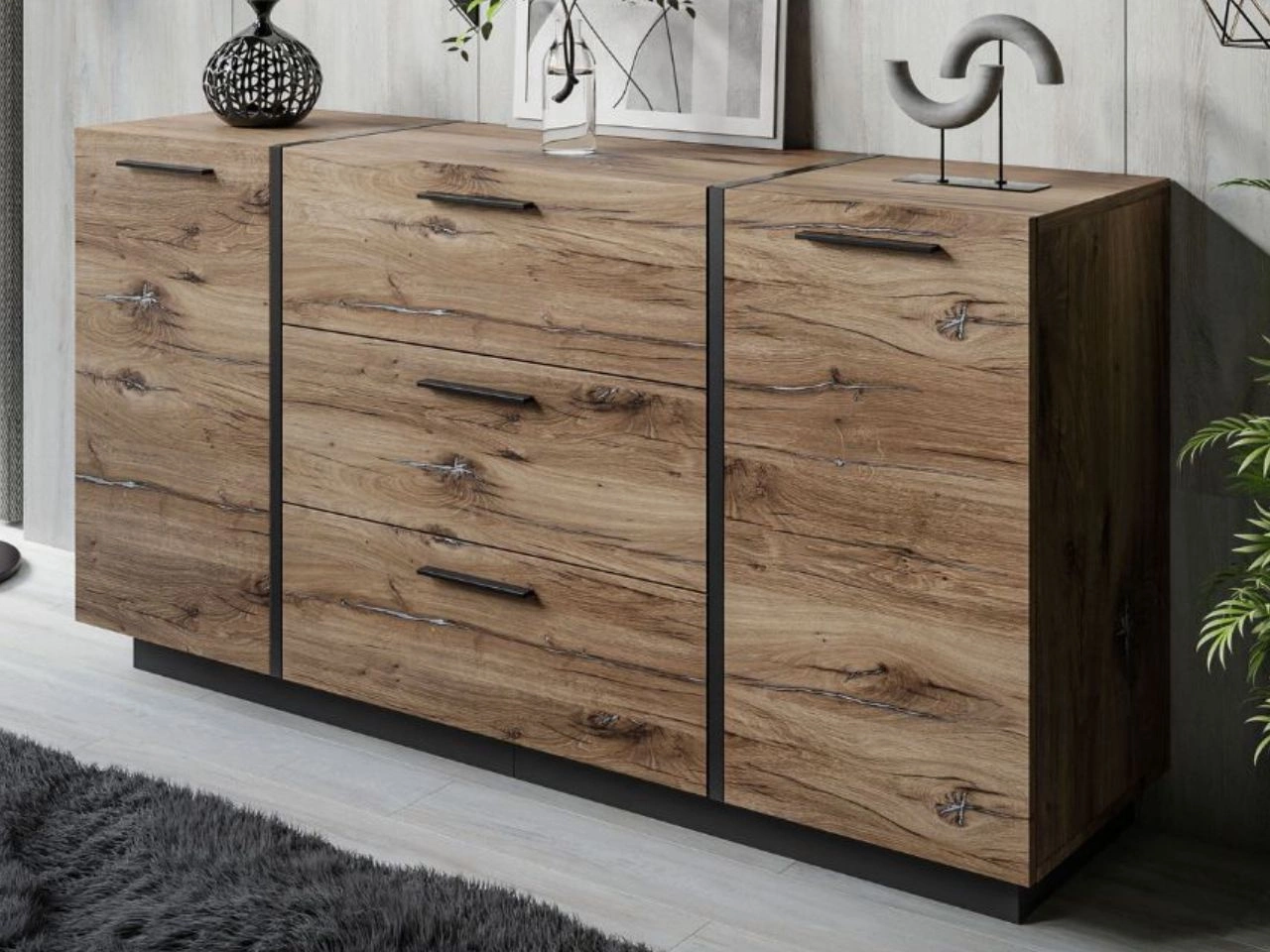 Dwudrzwiowa komoda 158 cm z trzema szufladami Lunelie dąb Flagstaff