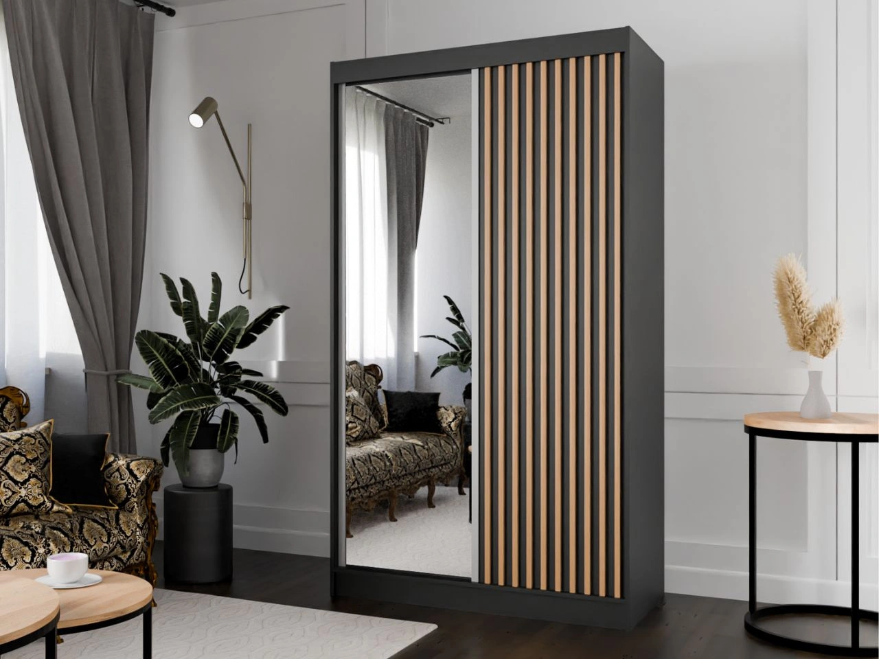 Szafa przesuwna z lustrem i lamelami 120 cm Loreto Czarna