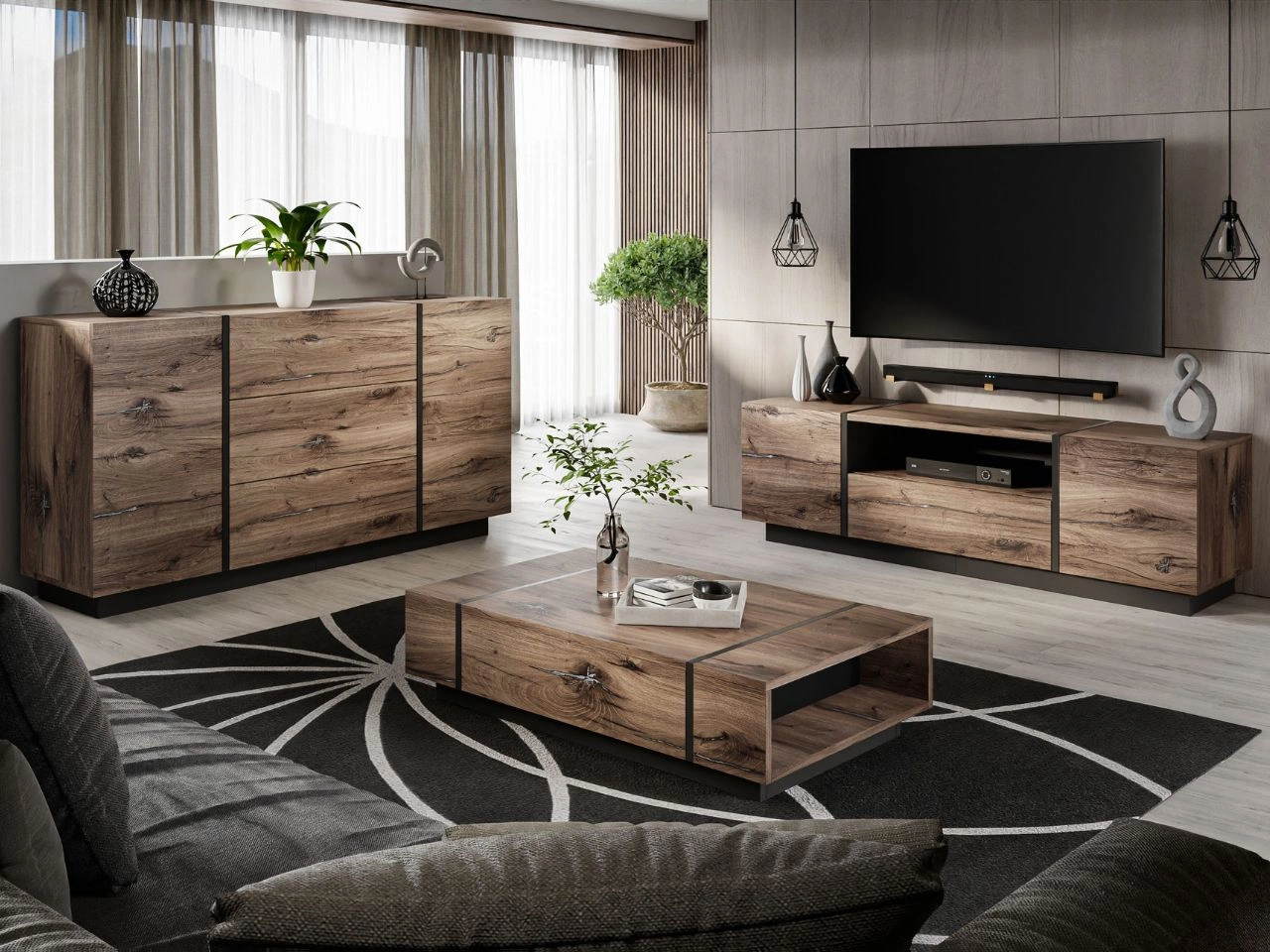 Zestaw mebli do salonu w stylu loftowym Lunelie Dąb Flagstaff