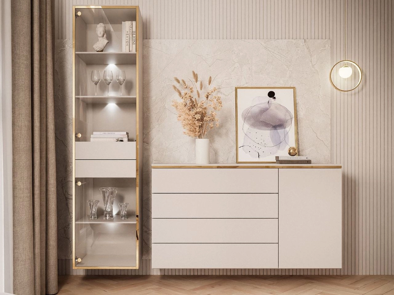 Zestaw mebli podwieszanych do salonu z oświetleniem LED w stylu glamour Evare Kaszmir