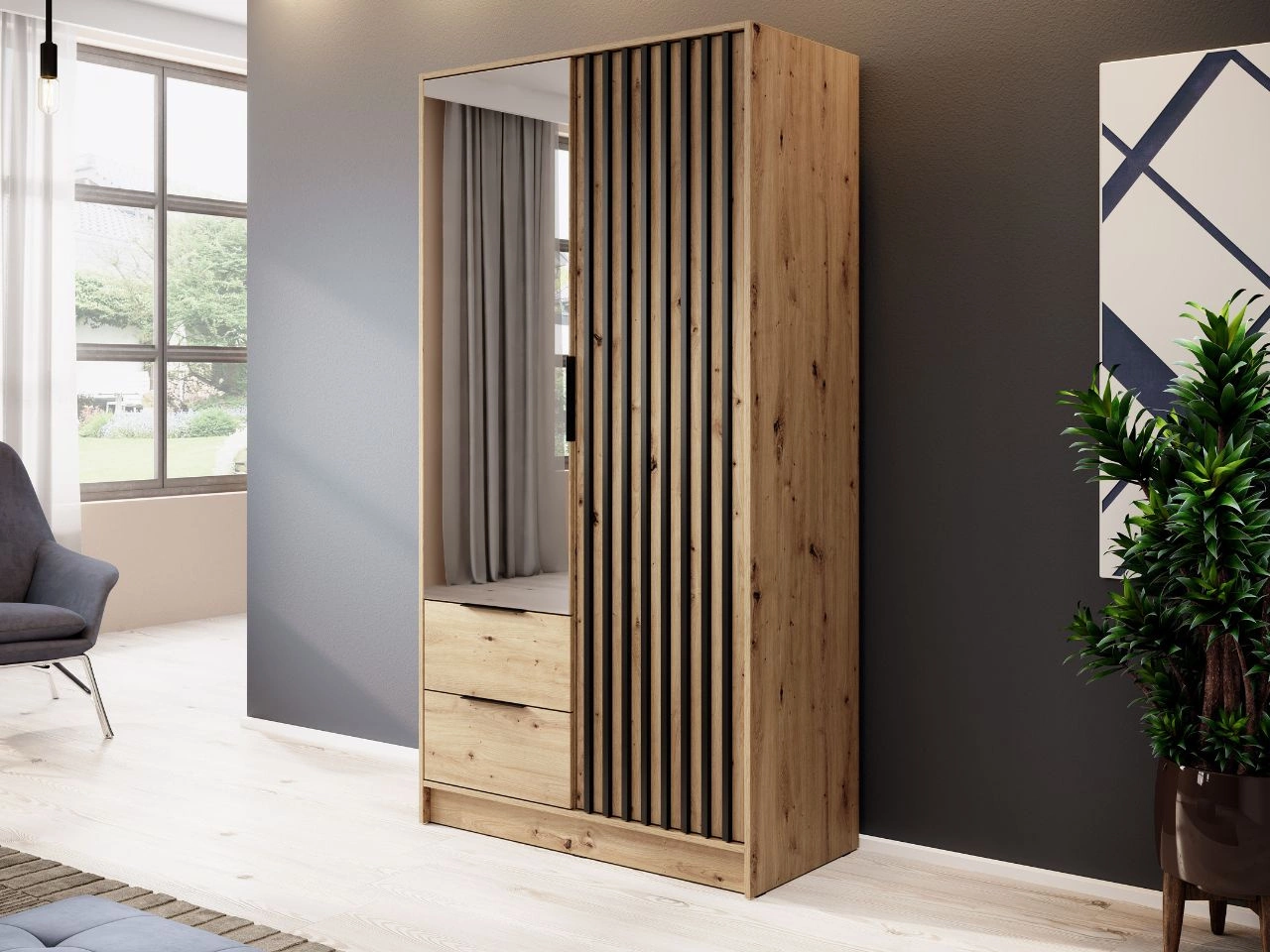 Szafa dwudrzwiowa z drzwiami uchylnymi 105 cm Macron Dąb Artisan z lustrem i lamelami