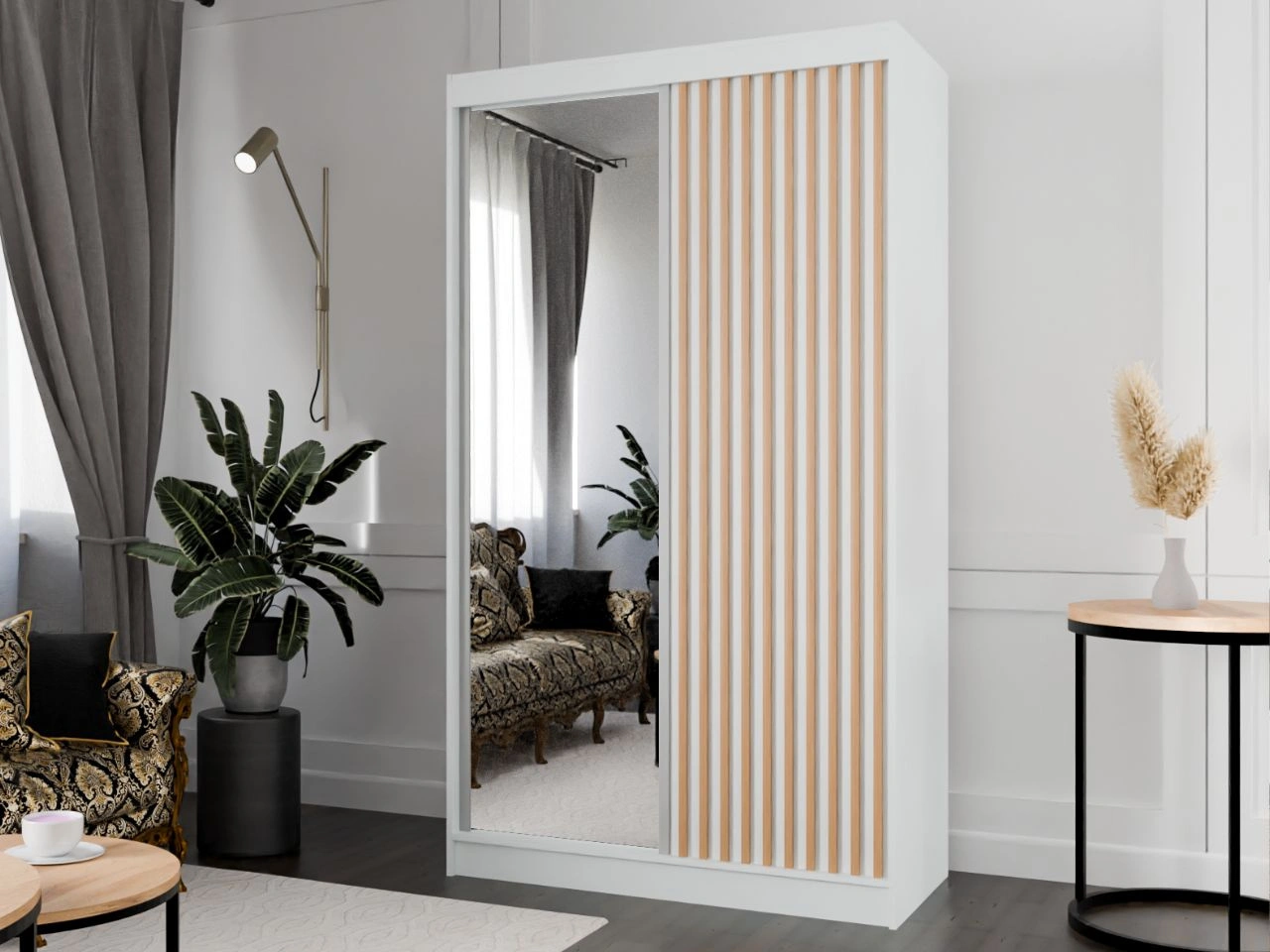 Szafa przesuwna z lustrem i lamelami 120 cm Loreto Biała