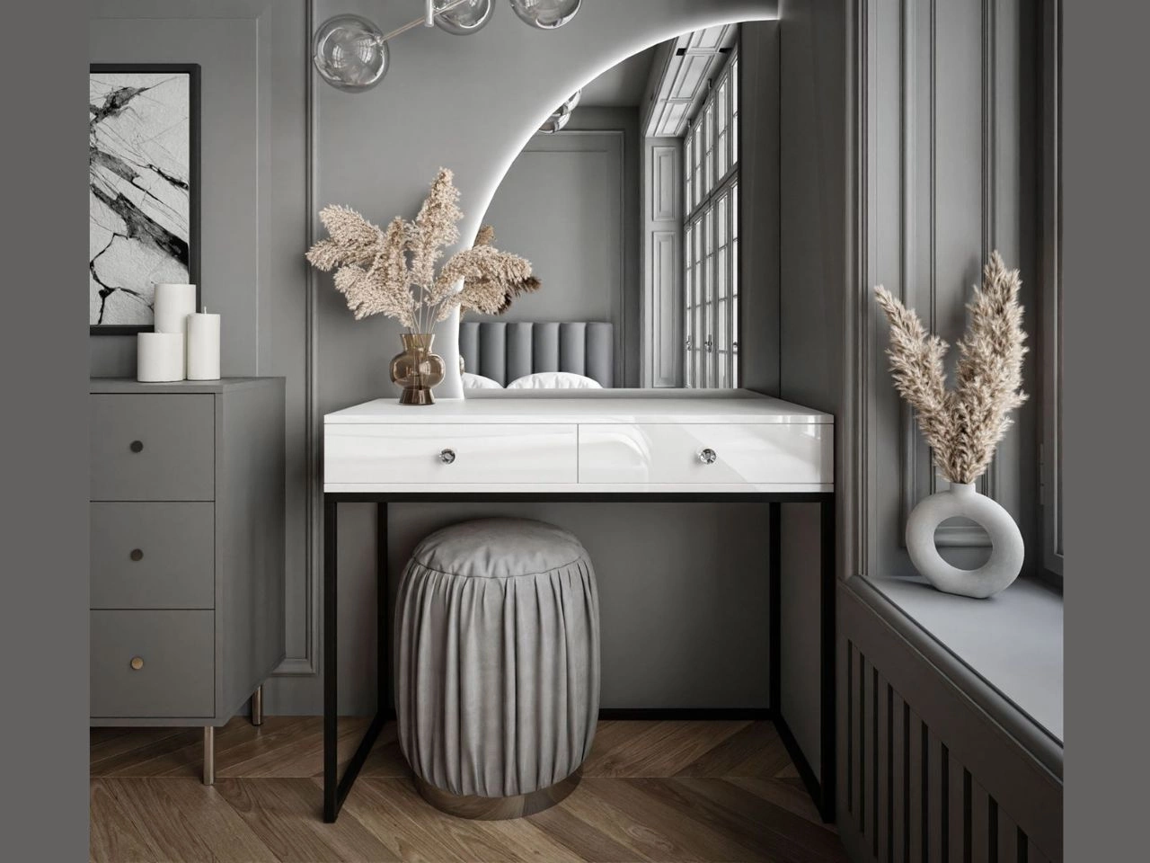 Toaletka kosmetyczna lewostronna z szufladami i oświetleniem LED na czarnych nogach Clarette Biały połysk