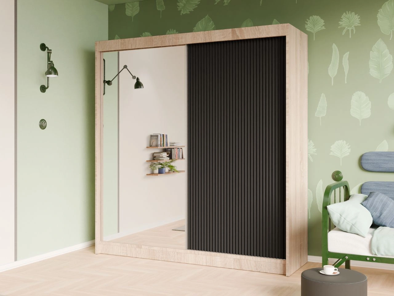 Szafa przesuwna z ryflowanym frontem i lustrem 200 cm Fano Dąb Sonoma, Czarna
