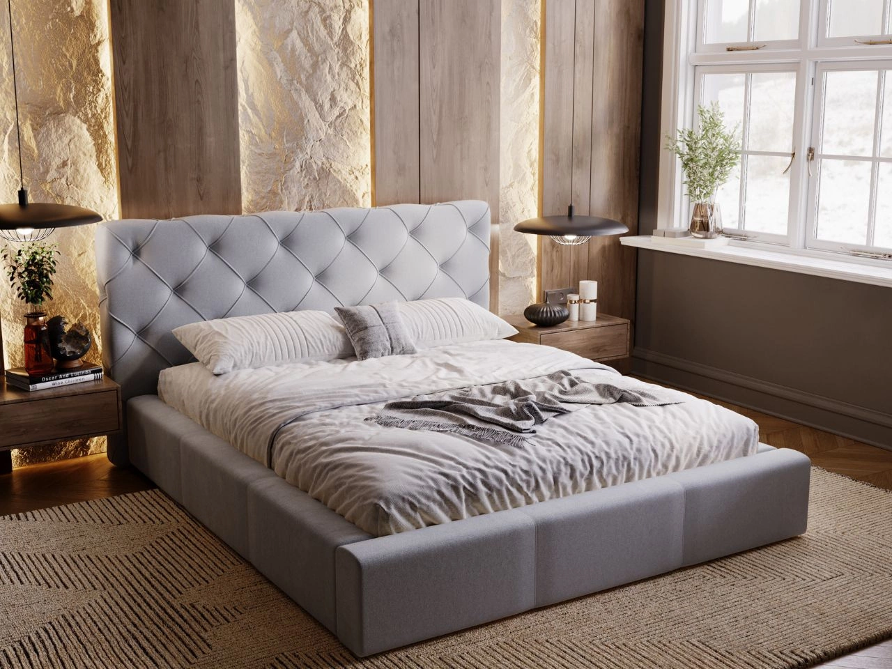 Łóżko tapicerowane z pojemnikiem i stelażem 200x200 Milano Szary