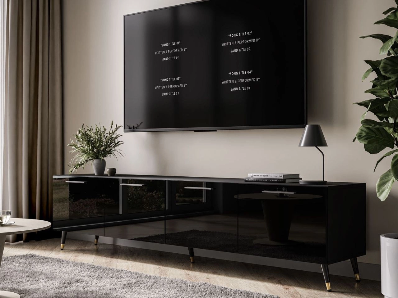 Szafka pod telewizor z drzwiczkami na czarno-złotych nóżkach 200 cm Noaé Czarny Połysk
