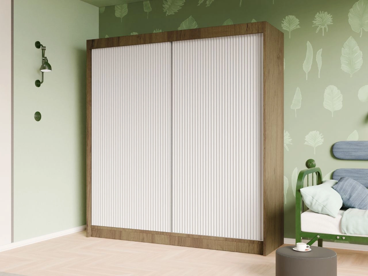 Szafa przesuwna z ryflowanym frontem 200 cm Fano Dąb Craft Złoty, Biała