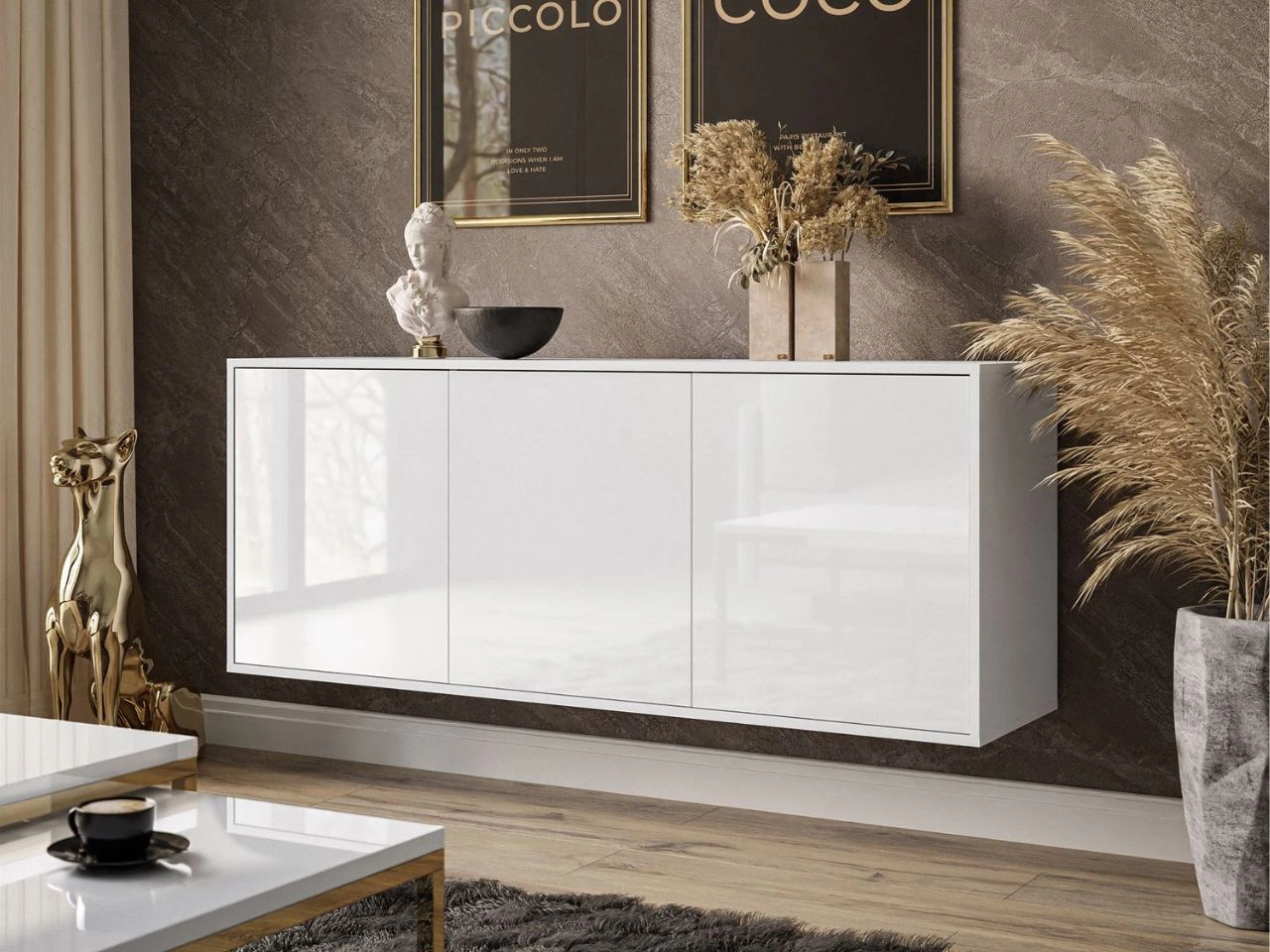 Trzydrzwiowa komoda 154 cm w stylu glamour wisząca Vivance biały połysk