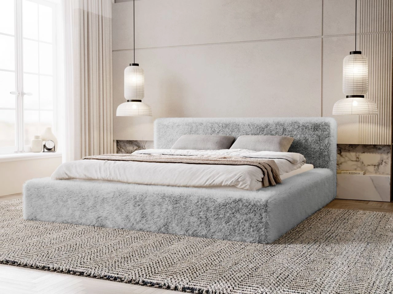 Łóżko tapicerowane z pojemnikiem i stelażem 160x200 cm Enjoy Jasnoszare