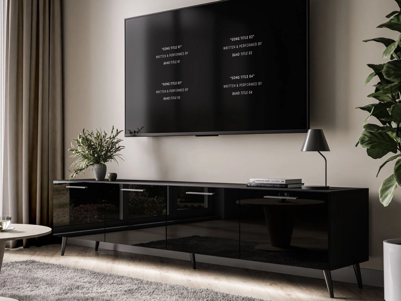 Szafka RTV pod telewizor z drzwiczkami i oświetleniem LED na czarnych nóżkach 200 cm Noaé Czarny Połysk