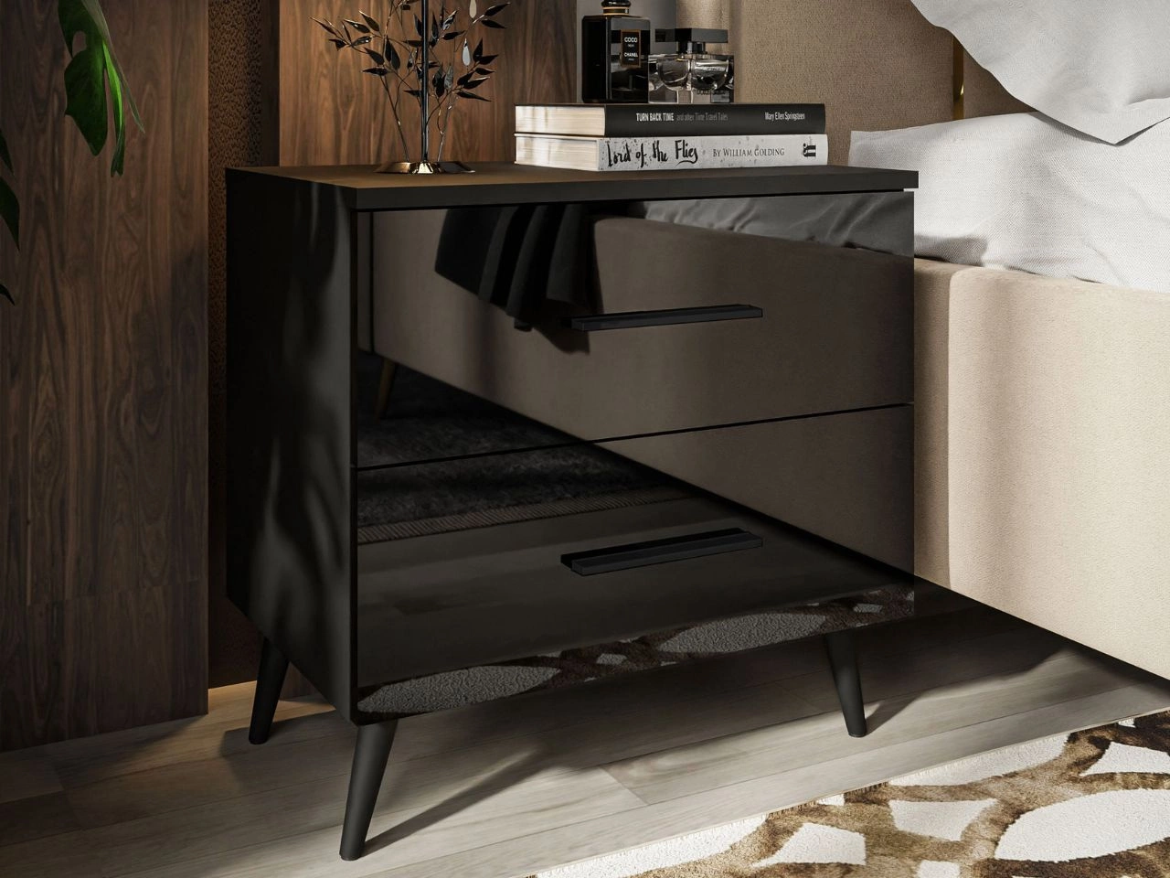 Stolik nocny z szufladami na czarnych nogach Nuveo Czarny połysk