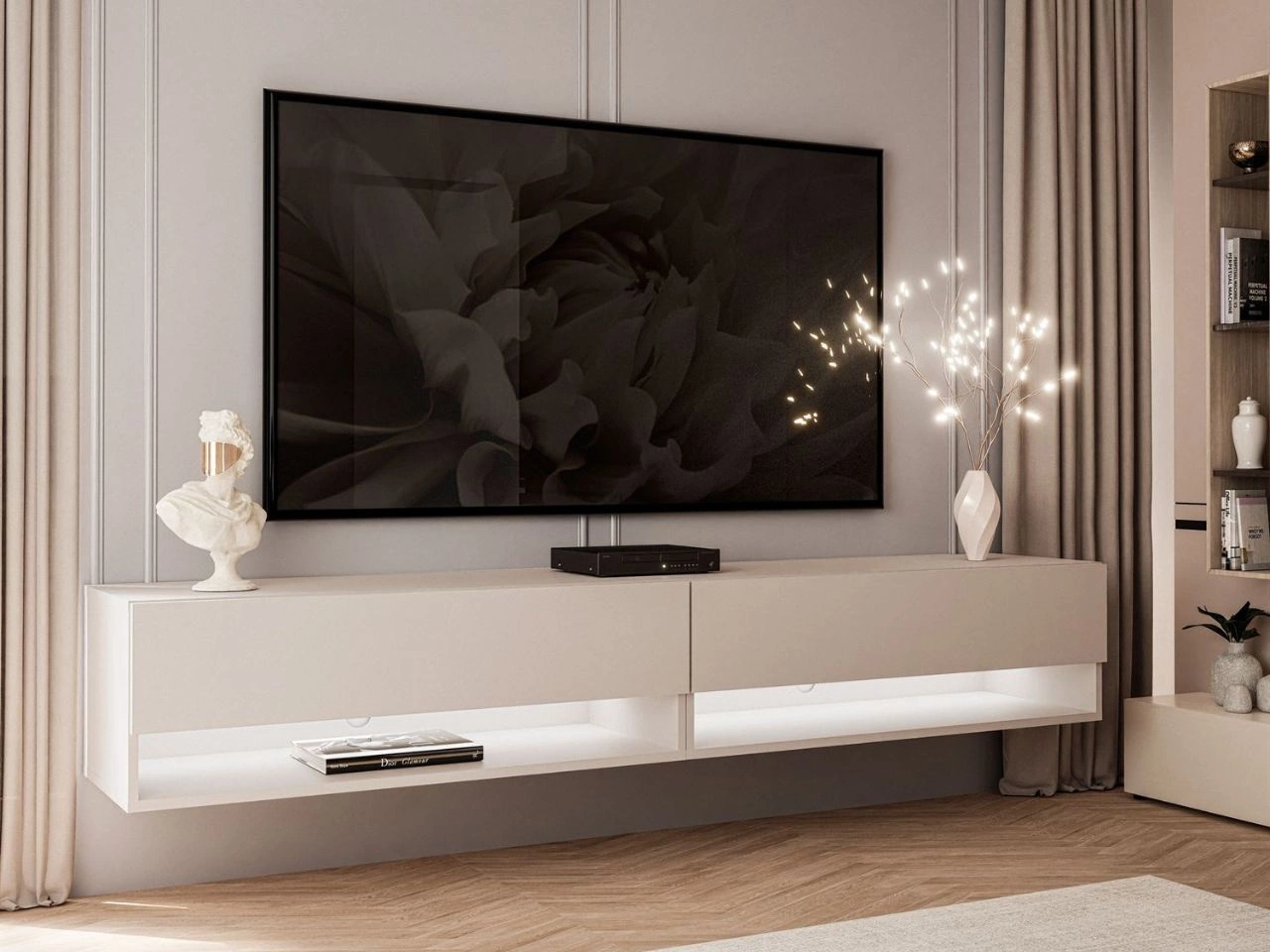 Szafka RTV wisząca 180 cm do salonu z oświetleniem LED Aurelie Kaszmir mat