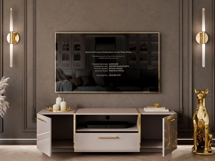 Szafka RTV w stylu glamour dwudrzwiowa z szufladą Lunelie kaszmir połysk