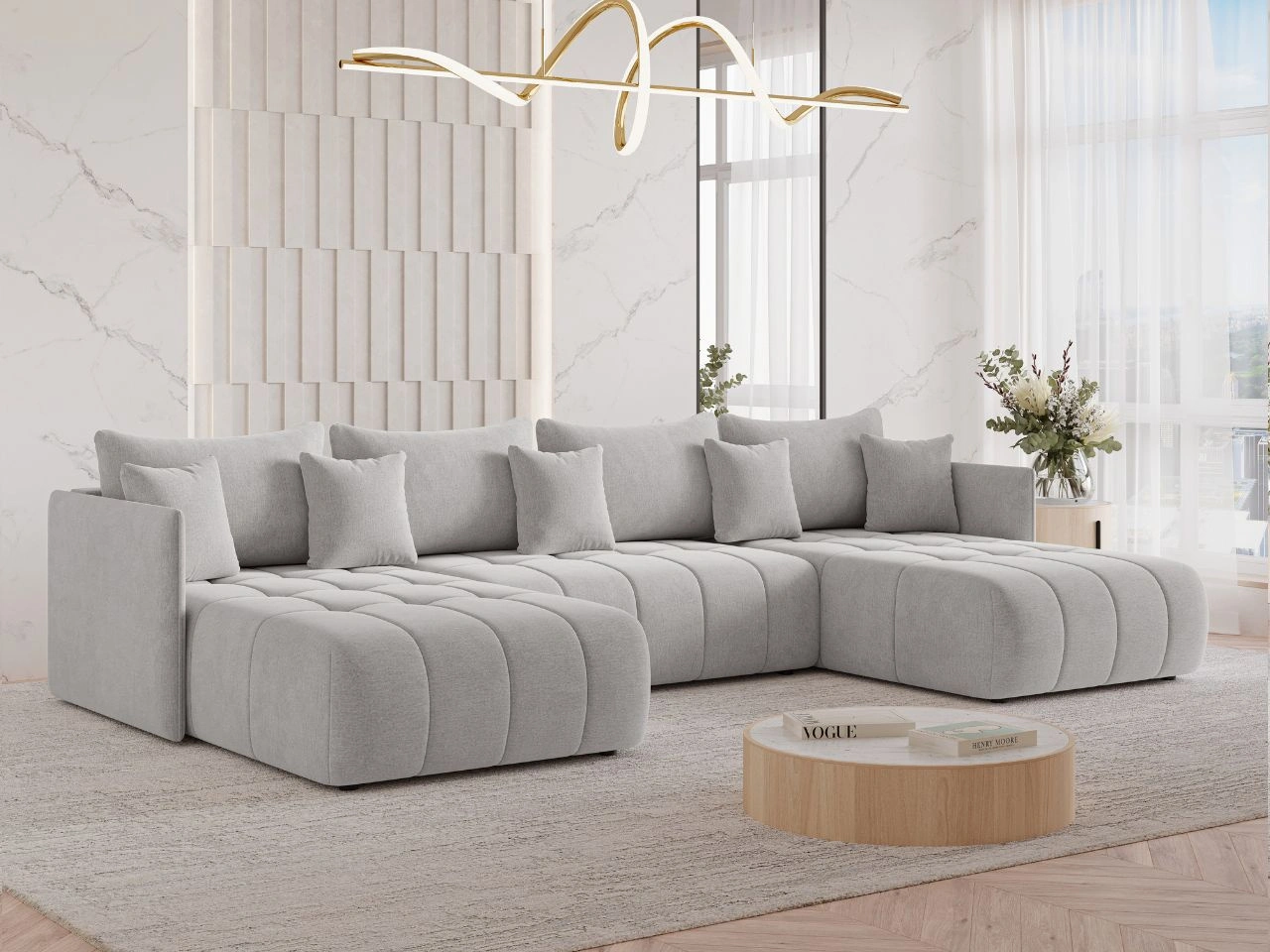 Narożnik U z funkcją spania i pojemnikiem Ardi U Jasny szary