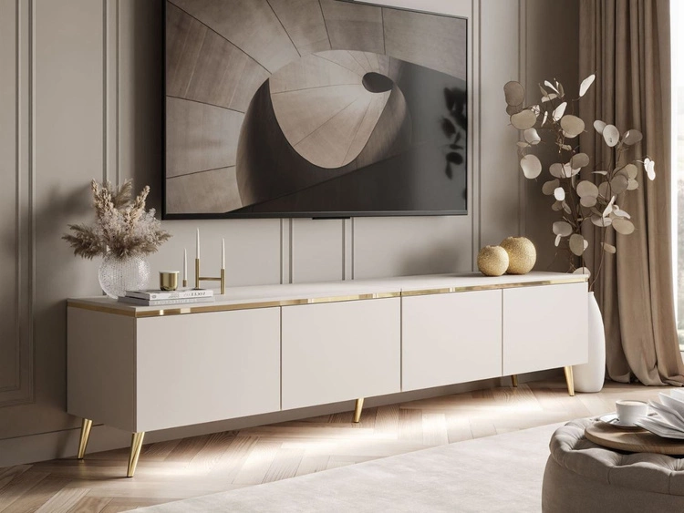 Szafka RTV czterodrzwiowa w stylu glamour z oświetleniem LED Celle kaszmir mat