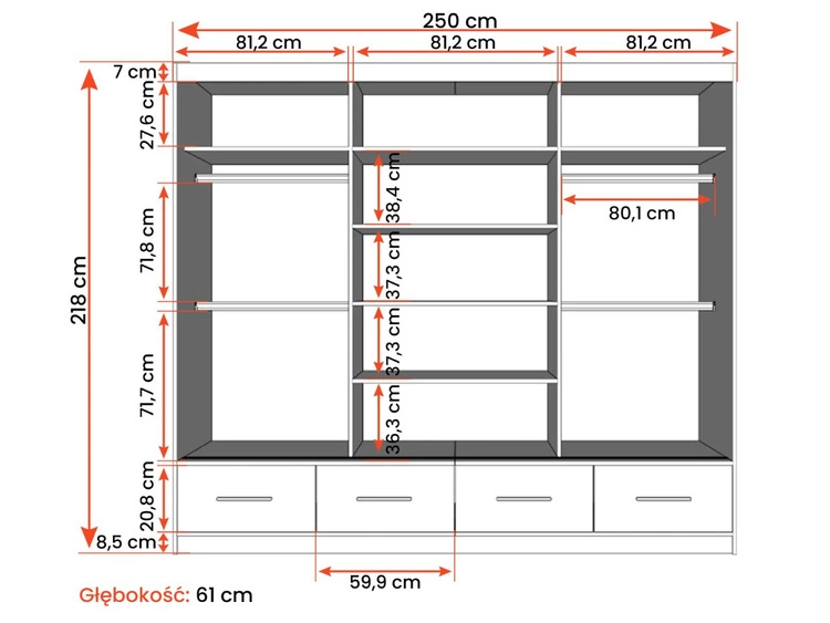 Szafa trzydrzwiowa z drzwiami przesuwnymi 250 cm Fiore Czarna