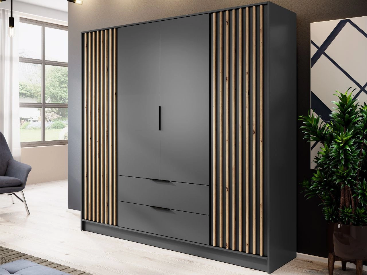 Szafa czterodrzwiowa z drzwiami uchylnymi 206 cm Macron Grafitowa z lamelami