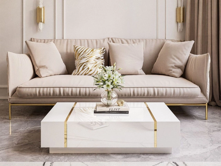 Zestaw mebli do salonu ze złotymi uchwytami w stylu glamour Lunelie Biały połysk