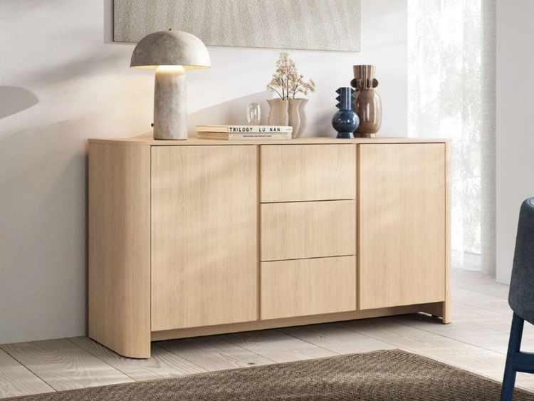 Komoda dwudrzwiowa z szufladami ze złotą listwą dekoracyjną Brillo Dąb Vicenza