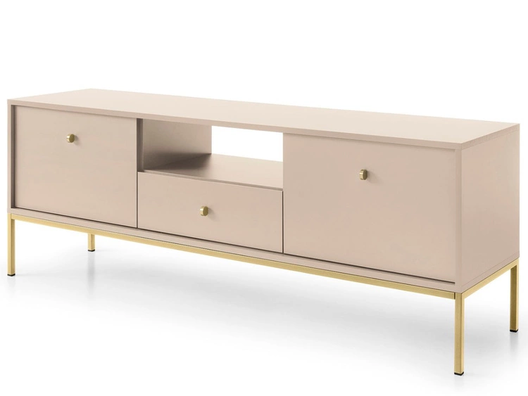Szafka pod telewizor z szufladami i drzwiczkami na złotych nóżkach Amor Beż piaskowy