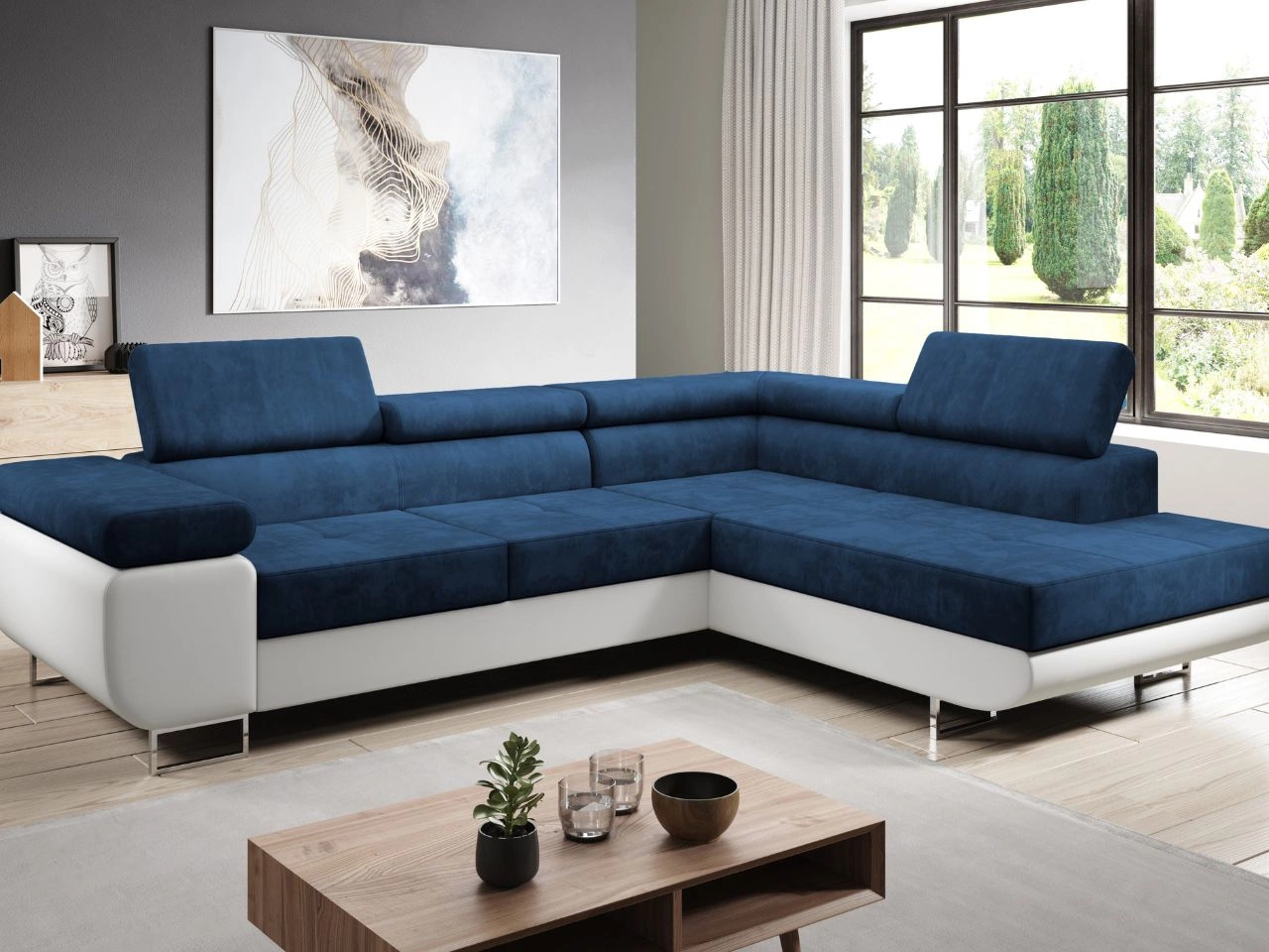 Narożnik prawy z funkcją spania i pojemnikiem Solam L Ciemny niebieski, Biały