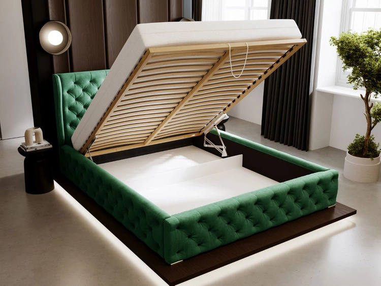 Łóżko tapicerowane z pojemnikiem na pościel i stelażem 160x200 Kingston Zielone