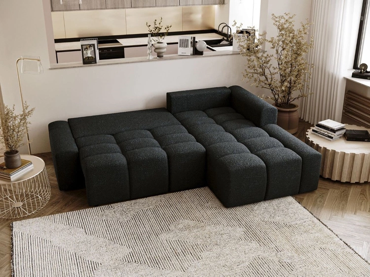 Narożnik L prawy z funkcją spania i pojemnikiem Lana Czarny